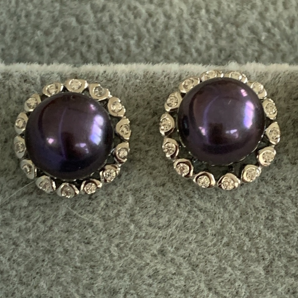 Genuine 8.5mm Peacock Pearl Halo Earring Stud Sterling Silver Simulated Diamond
